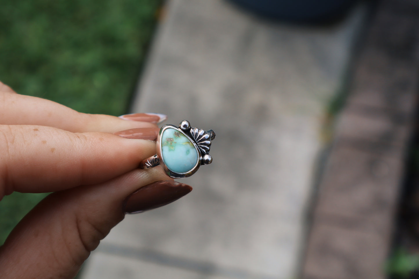 Palomino Cactus flower ring, size 8 hand stamped band, sterling silver