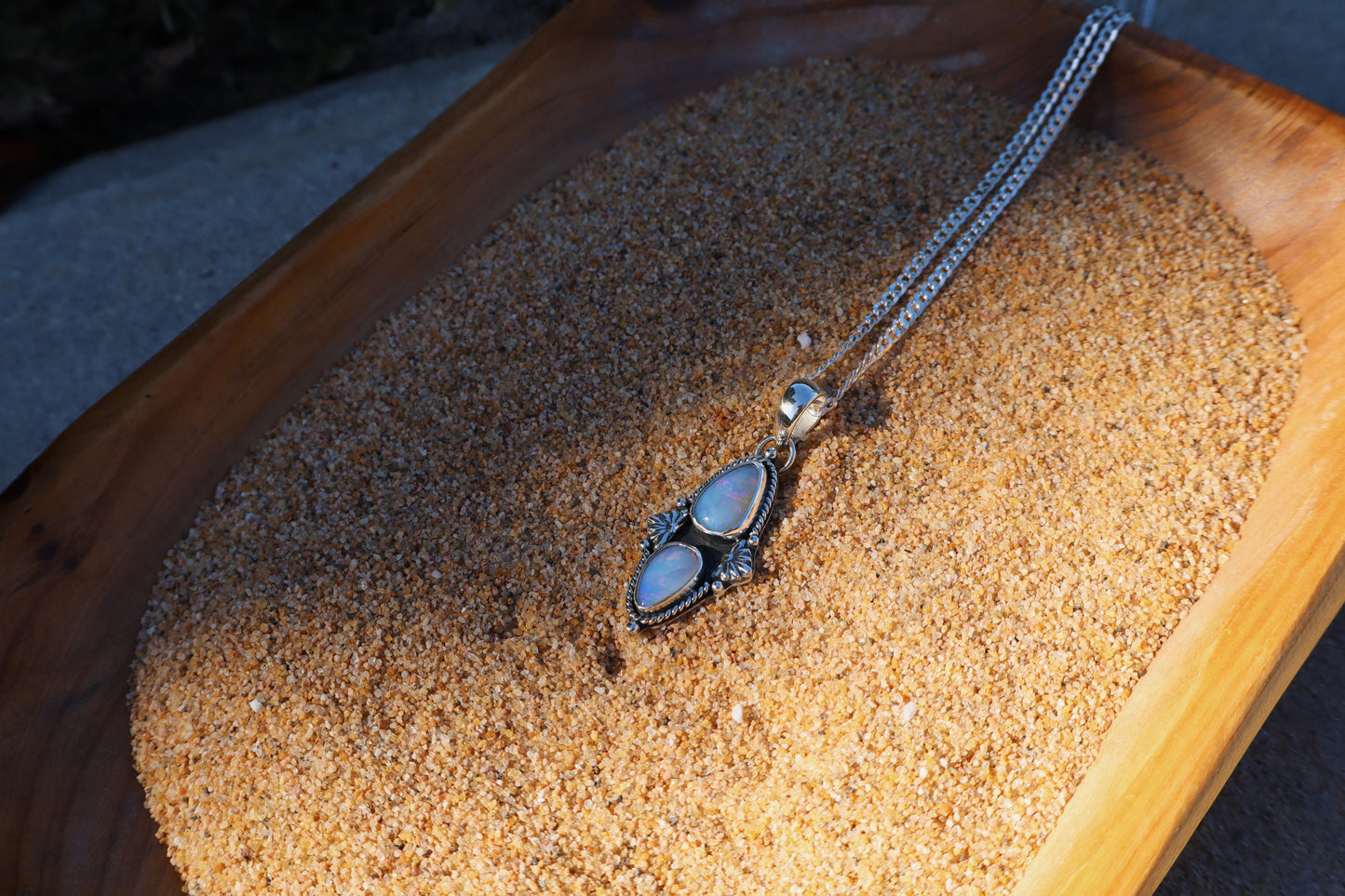 Stunning double purple opal pendant, 18in flat curb chain, hand forged accents.