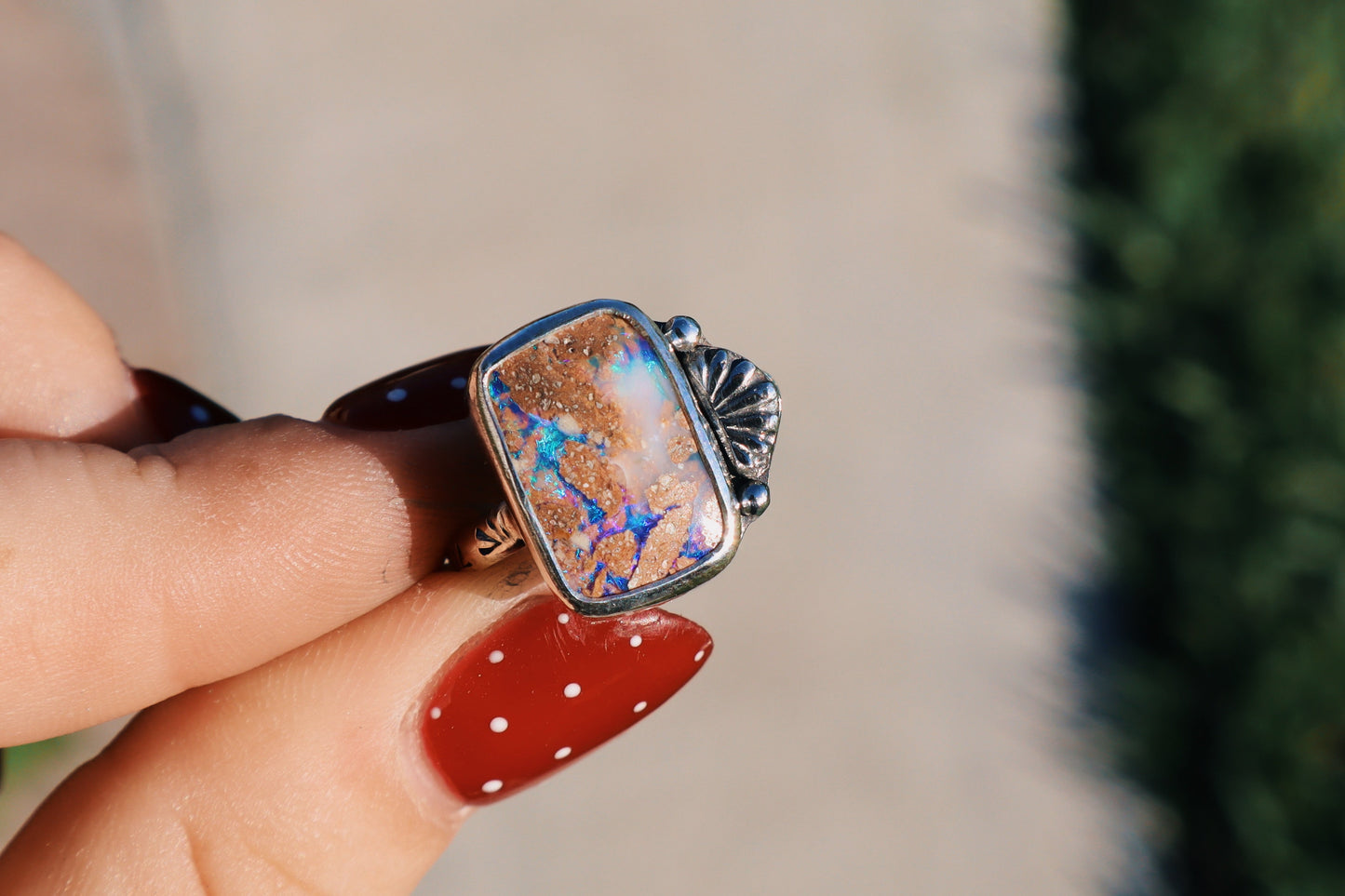 Wood replacement boulder opal statement ring. Size 7.5. Hand stamped band, hand forged silver accents