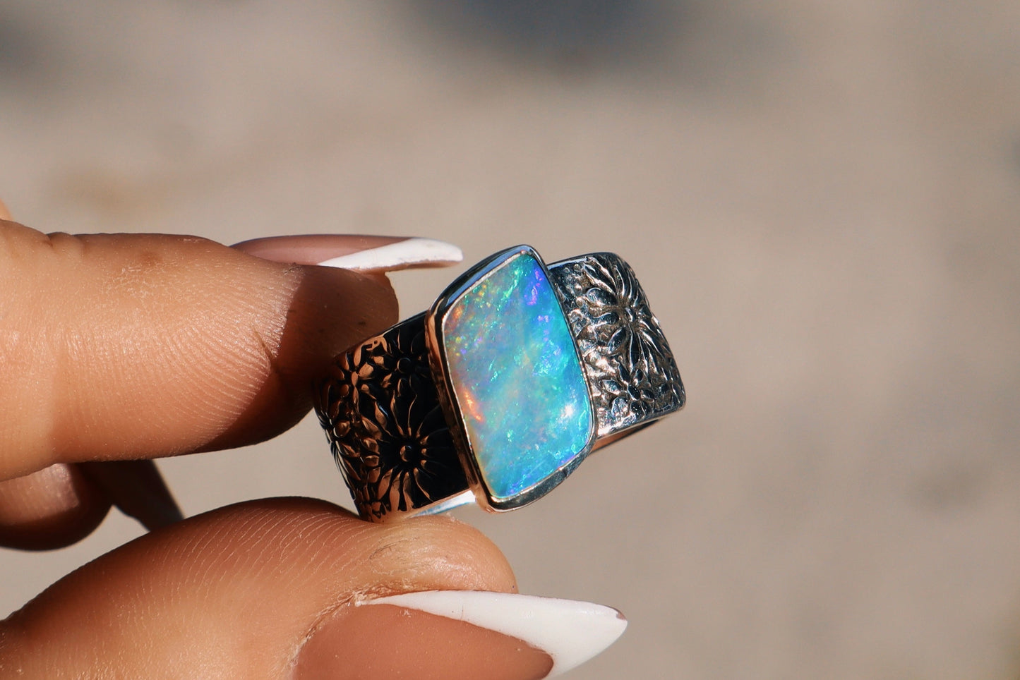 Crystal Opal flower band ring size 7(fits6.75) Sterling silver.