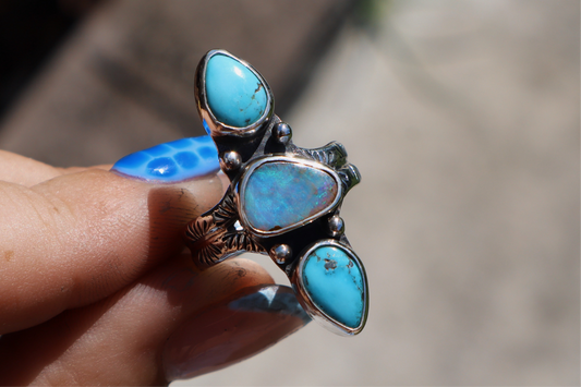 Oasis triple stone ring.(Blue ridge turquoise and boulder opal)hand stamped band. Size 7