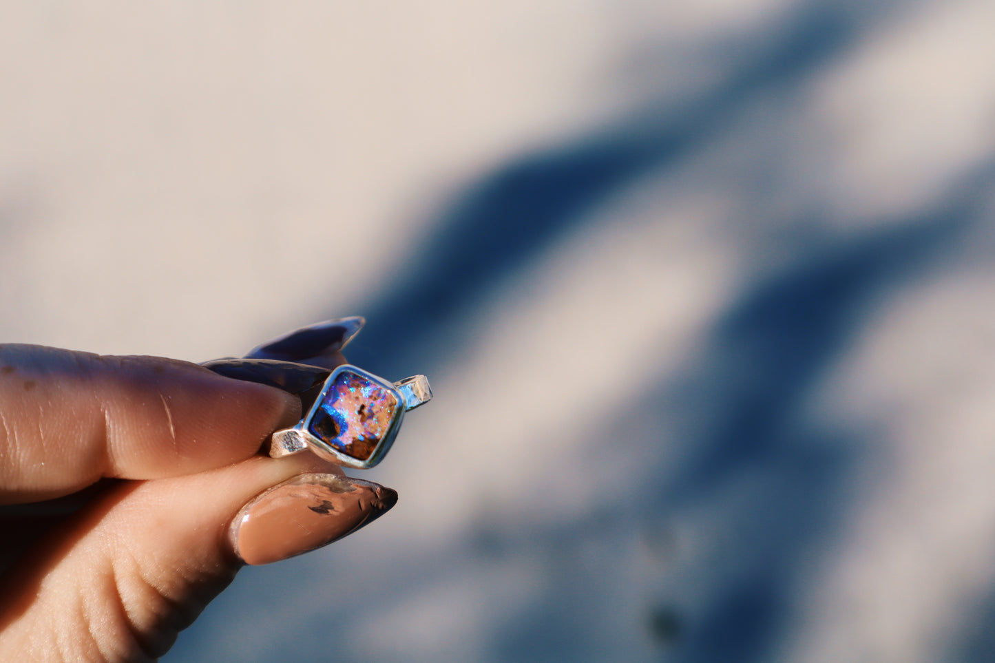 Sparkly purple boulder opal ring, size 6 hammer textured square band sterling silver