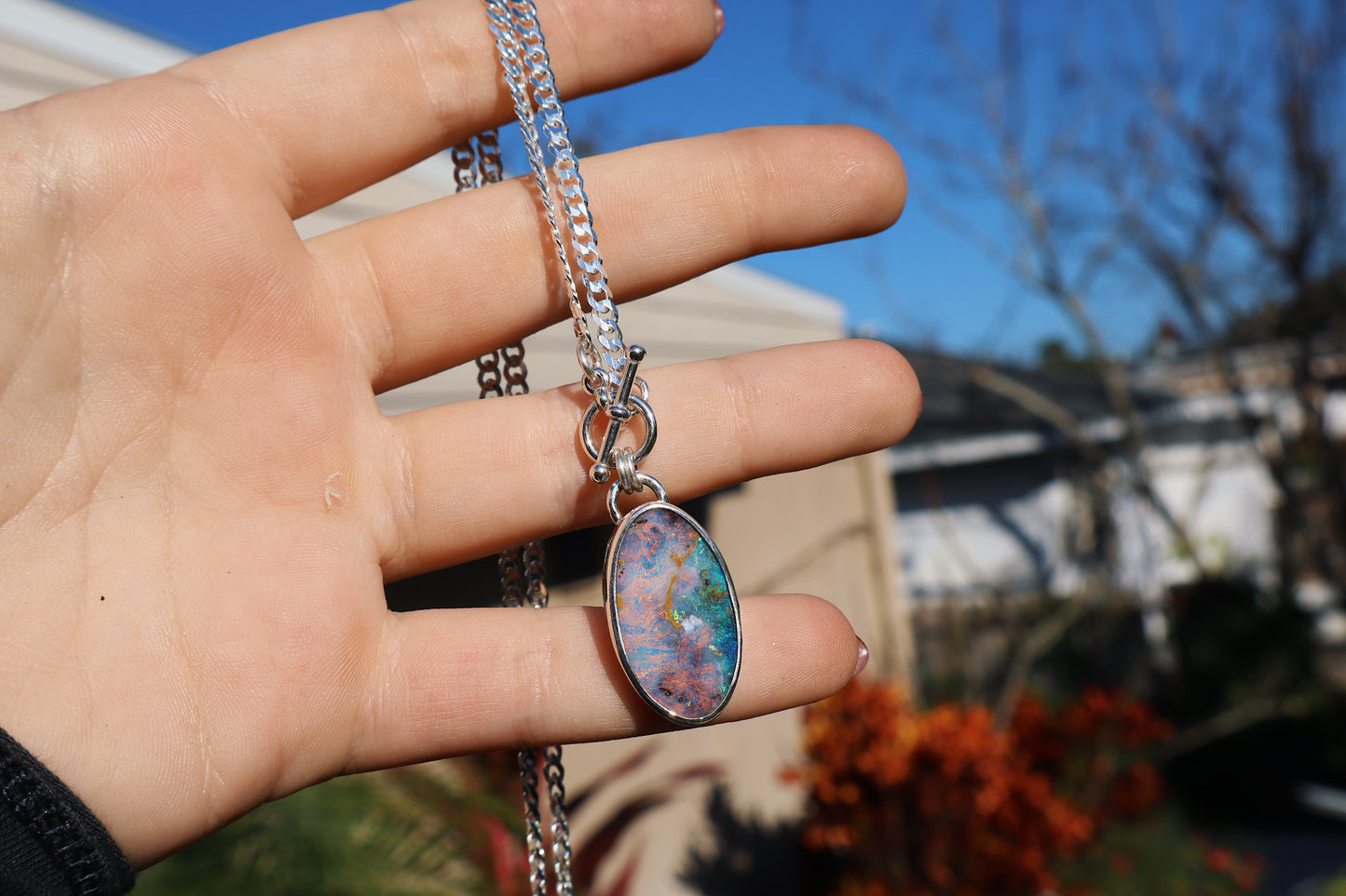 Custom pink/blue boulder opal toggle pendant